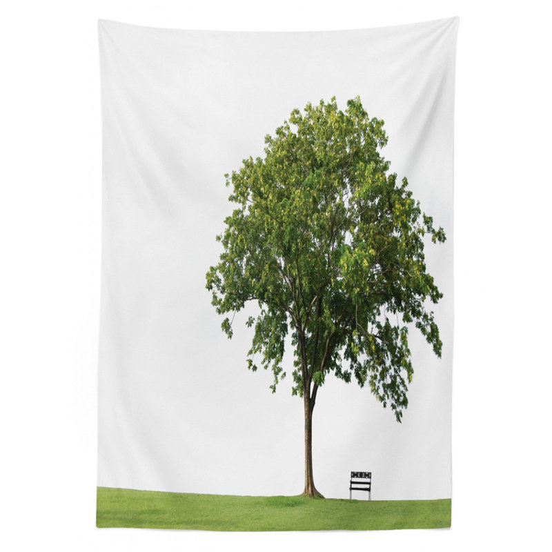 Ambesonne Tree Tablecloth, Bench Under Majestic Tree Looks Like Solitude In Habitat Environment Design, Rectangular Table Cover For Dining Room Kitchen Decor, 52" X 70", Green White