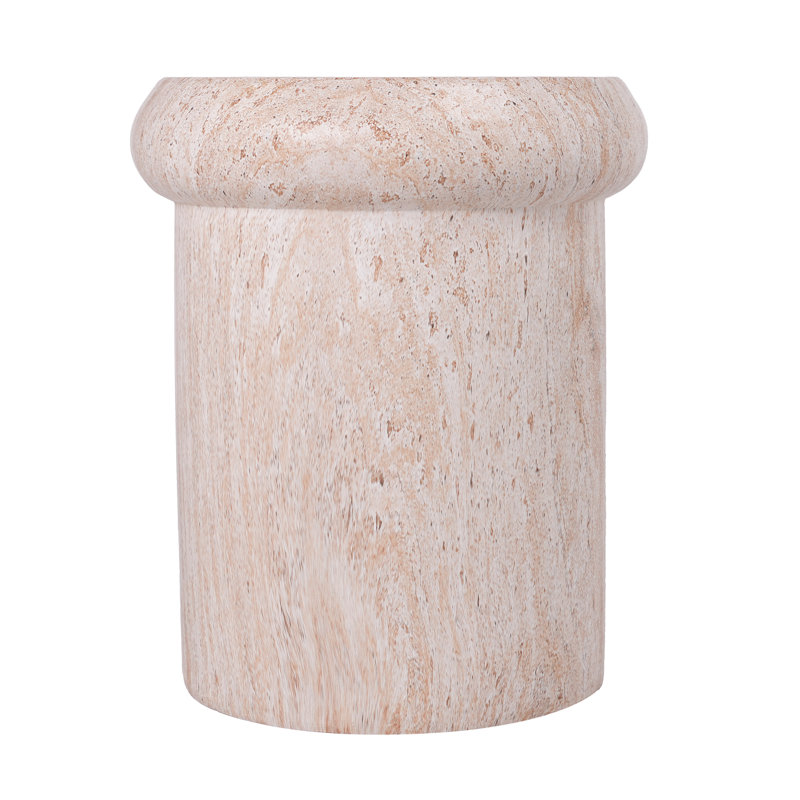 Eos 18.11"H Sculptural MGO Side Table with Faux Marble & Travertine Finish, Beige Marble