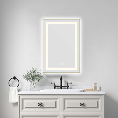 Miroir de salle de bain à DEL avec façade et rétroéclairage, miroir de meuble-lavabo mural avec cadre en aluminium, antibuée, mémoire, 3 couleurs, gradation continue