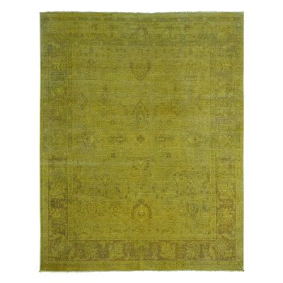 Tapis oriental délavé 7 pi 7 po x 9 pi 7 po jaune doré, surdimensionné, à motif tribal Peshawar, noué à la main, 100% laine