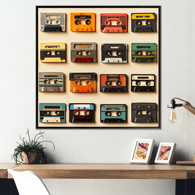 Retro Cassette Tape Collection III - Cassette Tapes Wall Art, Cadre flottant noir, H 16 po x l 16 po x P 1 po