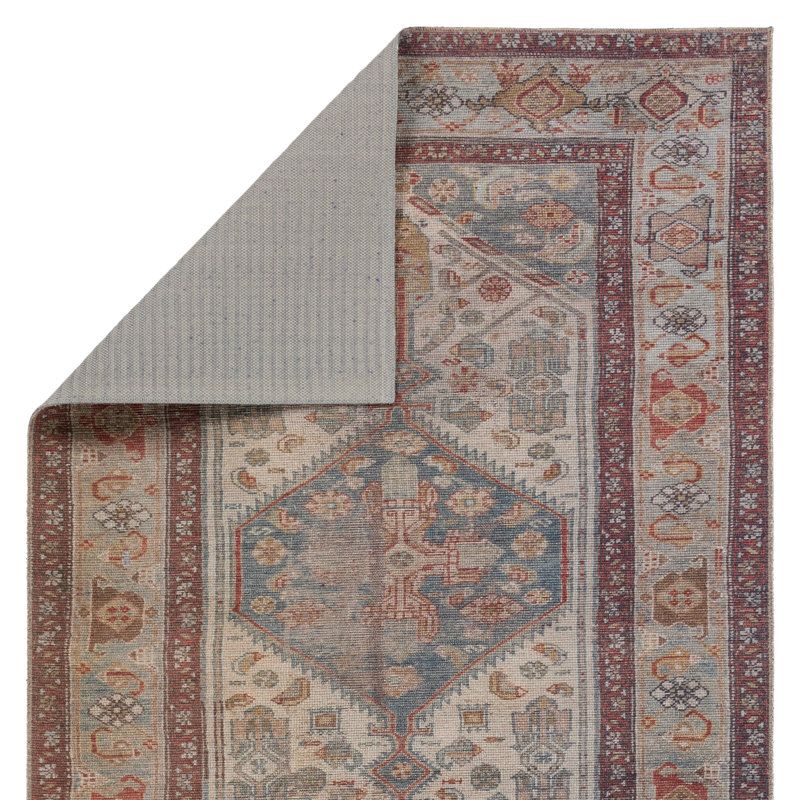 Machine Washable Oriental Machine Woven Polyester Area Rug in Cream/Blue/Red, Rectangle 4' x 8'
