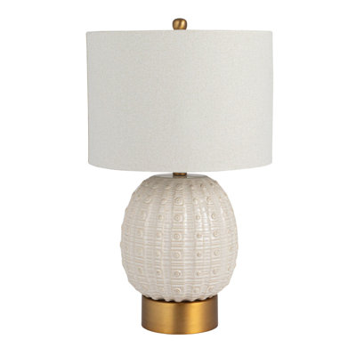 Adeline Stoneware Globe Table Lamp with Cream Crackle Glaze and Natural Linen Shade