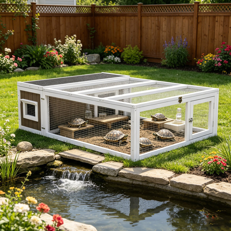 Enclos extérieur en bois avec clôture grillagée, Blanc / Gris