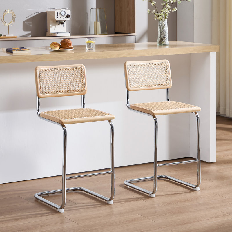 Crumley Natural Rattan 24.3" Counter Stool with Cane Rattan Back and Metal Frame, Chrome, Natural