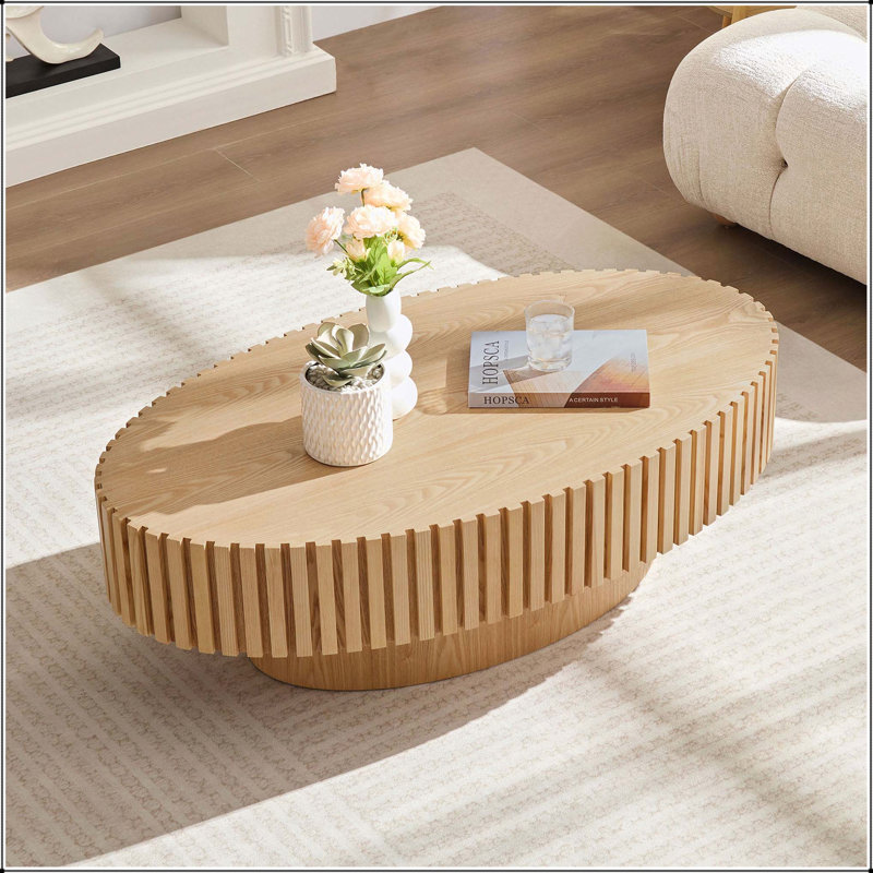 Handcrafted Ellipse Coffee Table, 43.7 Inch, Sturdy Pedestal Base, MDF for Living Room Elegance, Natural Ash