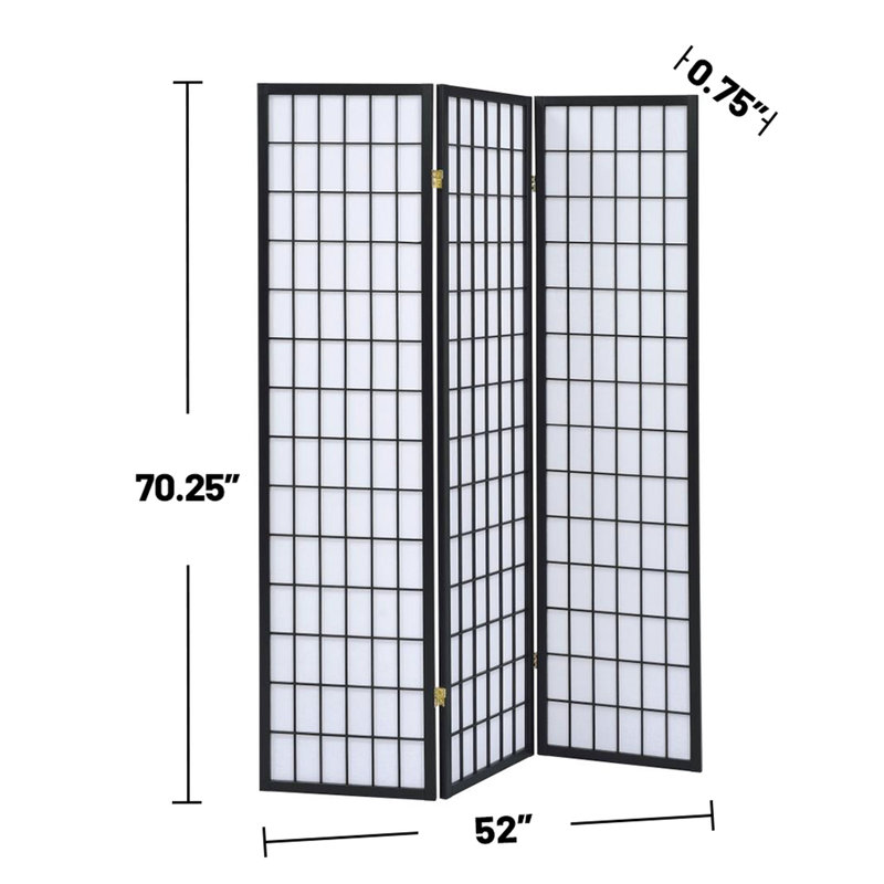 Paravent à 3 panneaux, structure en bois d'hévéa noir, panneaux en papier blanc, hauteur de 69,43 po, profondeur de 52 po pour la décoration, structure pliante, en hauteur, configuration en profondeur