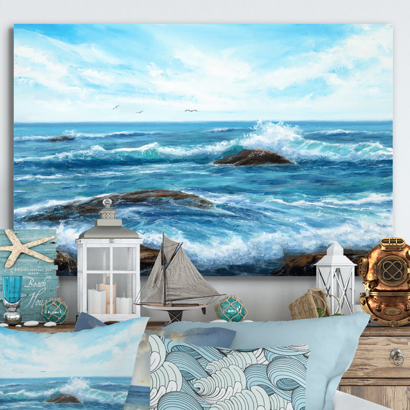 Waves at Ocean Sea Shore - reproduction d'art sur toile, H 8 po x l 12 po x P 1 po, Toile tendue