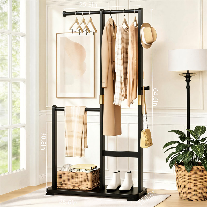 Simple, Upright Solid Wood Coat Rack With Double Hanging Rods For Hanging Various Types Of Clothing. Suitable For Entryways, Bedrooms, And Hallways. Its Compact Design Saves Space In Your Home.
