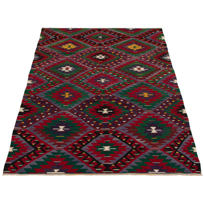 Tapis rouge / vert / mauve en laine fabriqué à la main de conception unique 5 pi 10 po x 11 pi 11 po Saroyan