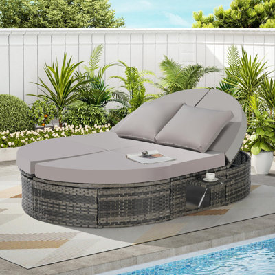 Outdoor Patio Round Daybed With Adjustable Backrests And Foldable Cup Trays For Relaxing Lounging