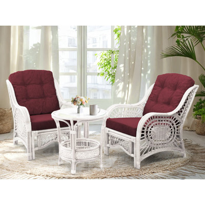 Zooey 2 Piece Malibu Living Chairs Natural Rattan Wicker and Round Coffee Table Set w/ Glass, White