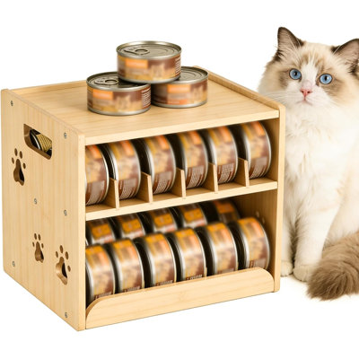 Bamboo Cat Food Can Dispenser 2 Tier Gravity Pet Food Storage Rack