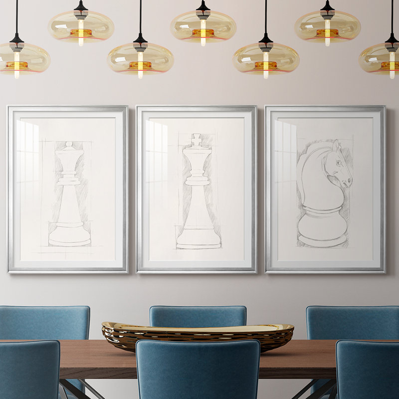 Jeu d'échecs, croquis I - impression encadrée sur mesure de qualité supérieure - 3 pièces, H 27 po x l 39 po, Argent argent