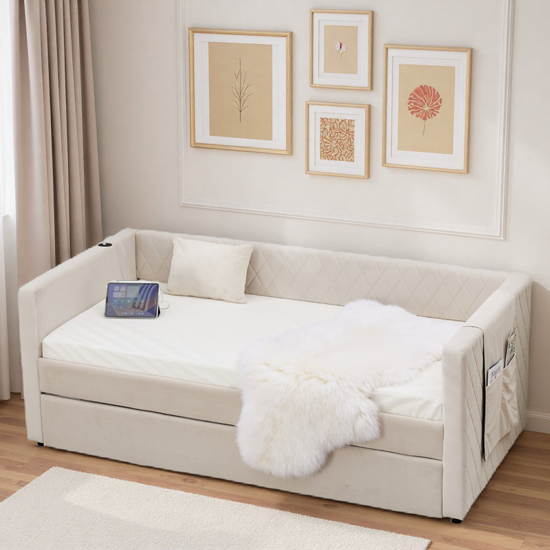 Lit de jour Diamond Grid Velvet, Beige