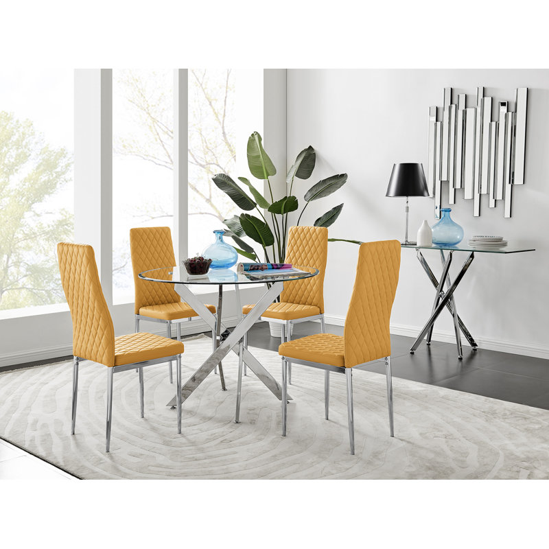 Tierra Modern Metal & Glass Round Dining Table Set with 4 Quilted Faux Leather Chairs, Mustard/Silver