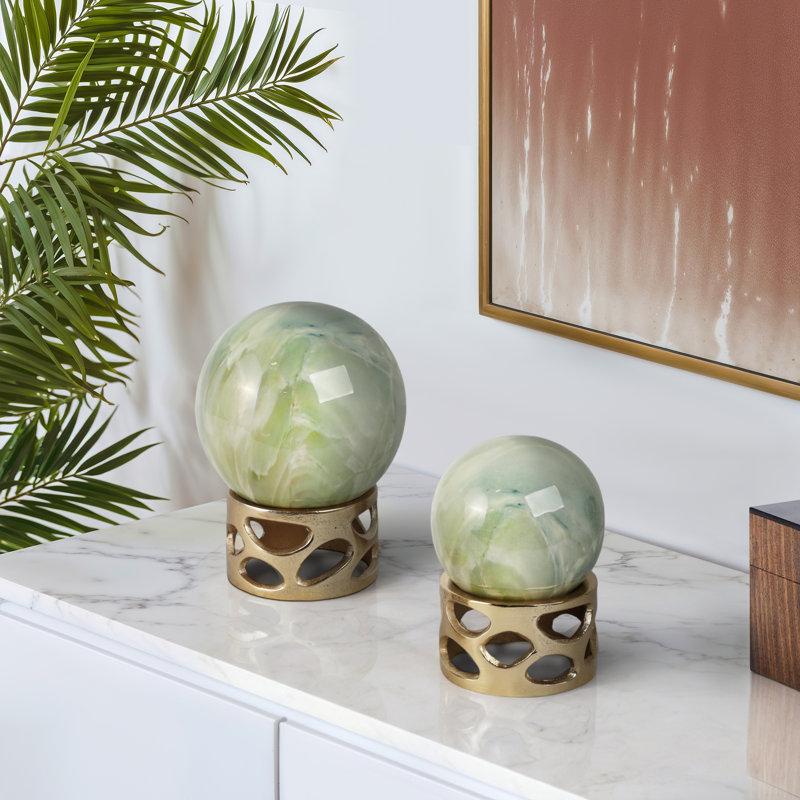 Set Of 2 7/8" Zakrzewski Marble Sphere Statuary, Green