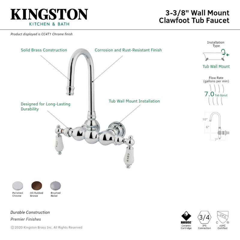 Kingston Brass Vintage Two-Handle 2-Hole Tub Wall Mount Clawfoot Tub Faucet, Brushed Nickel