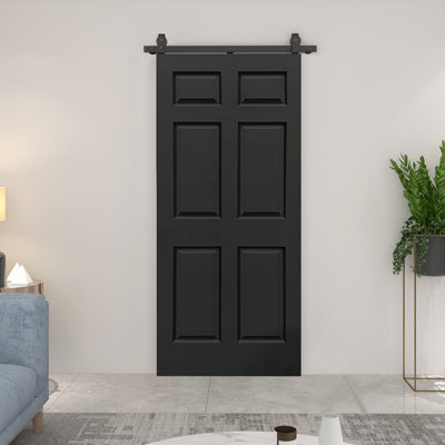 24 in. x 80 in. 6-Panel Black Painted MDF Composite Bi-Fold Barn Door with Sliding Hardware Kit