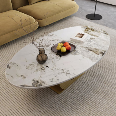 Modern 49.2" Sintered Stone Coffee Table With Stainless Steel O-Shaped Base – 15.6"H Industrial Minimalist Center Table For Living Room