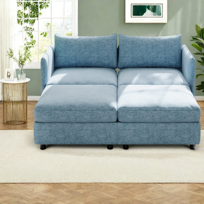 Canapés modernes confortables, chenille bleu antique, peu encombrants avec rangement