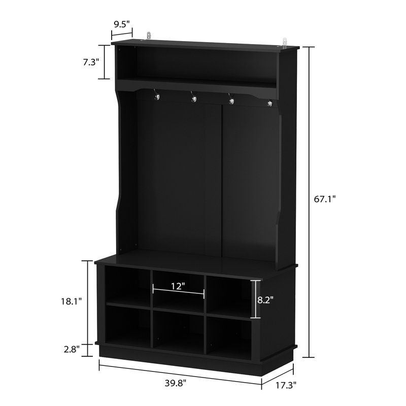 Hall Tree 39.8'' Wide with Bench and Shoe Storage, Black
