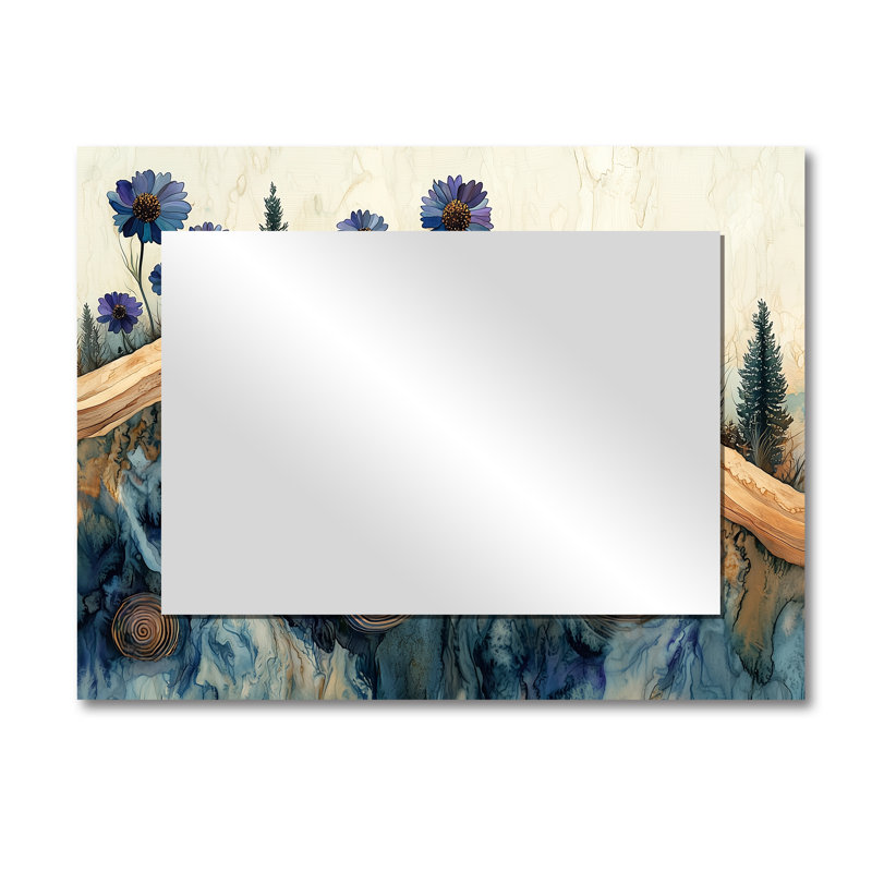 Turquoise cornflowers in Forest River Landscape I - décoration murale miroir floral - imprimé sur métal, 30 po x 40 po