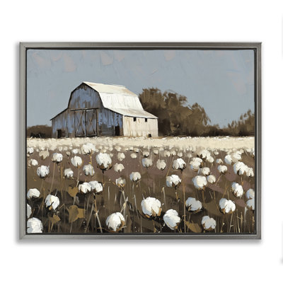 Illustration de toile de grange dans un champ de coton flottant, design par Arlington Prints