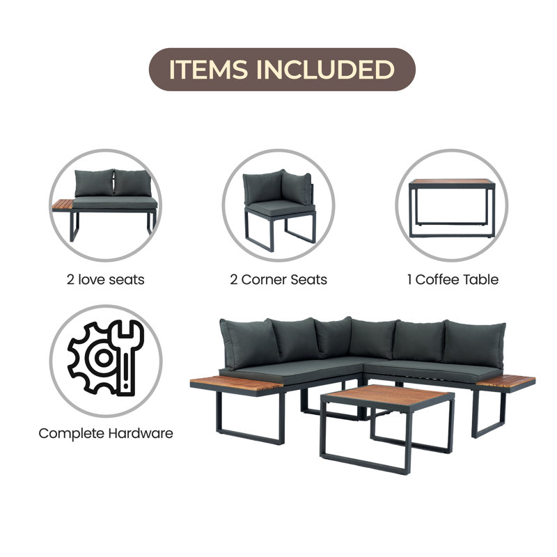 4 Piece L-Shaped Patio Wicker Outdoor 5-Seater Sectional Sofa Seating Group Conversation Sets With Side Table & Dark Grey Cushions