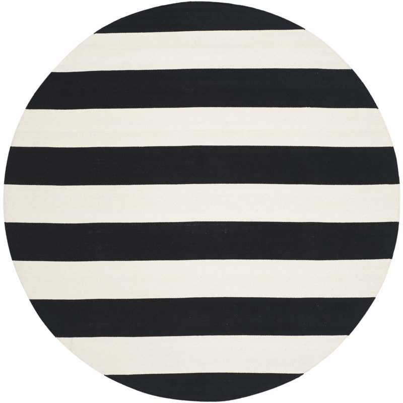 Brookvale Striped Hand-Woven Cotton Area Rug in Black/Ivory, Round 10'