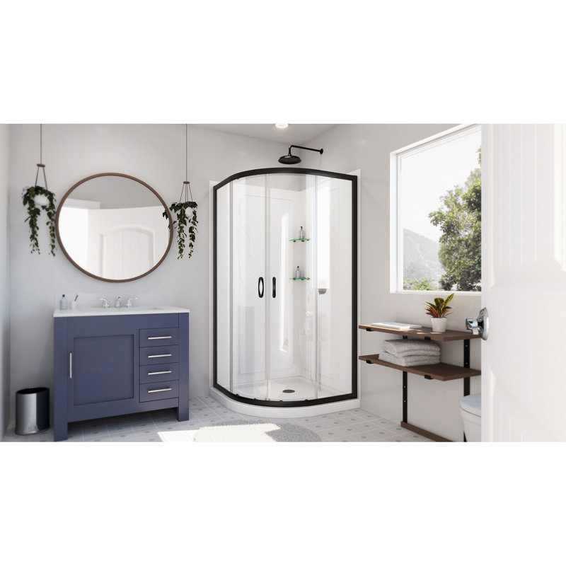 Prime 36" W x 36" D x 76.75" H Semi Frameless Shower with Base Included, Matte Black