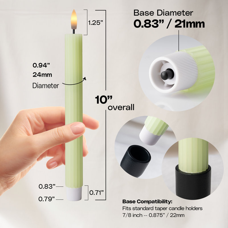 Fluted Ribbed Grooved LED Flameless Taper Candles, Remote, On/Off Button, Battery Operated, 6 Pack, Green