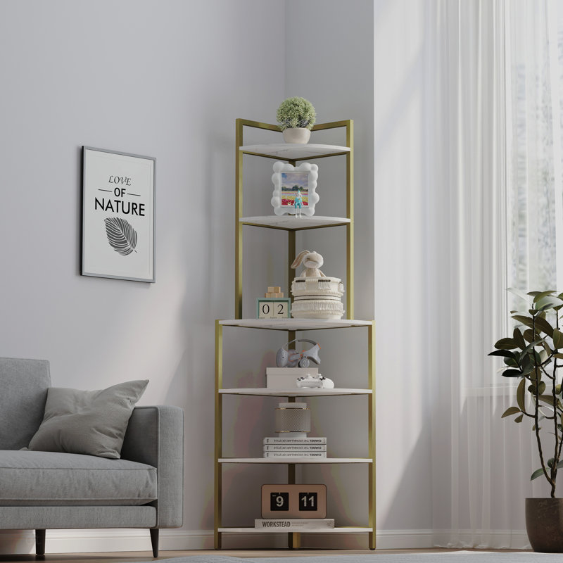 Étagère de coin à 6 niveaux avec bibliothèque ouverte et étagère en bois, Doré / Blanc