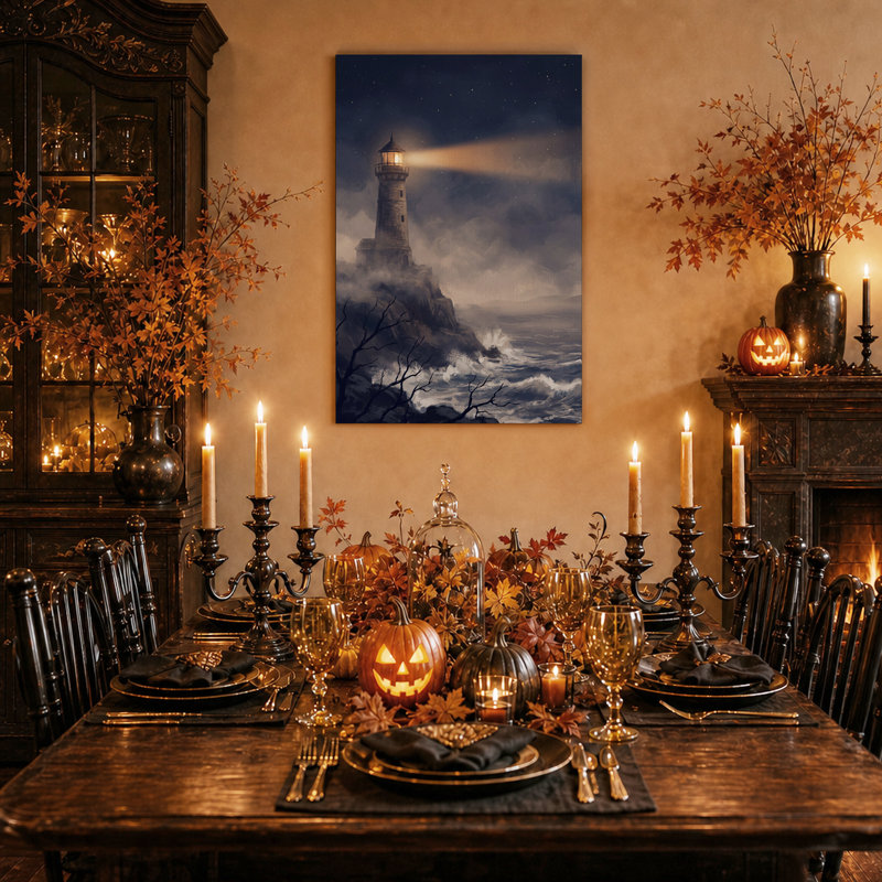 Tableau sur toile d'Halloween représentant un phare brillant sur une mer déchaînée, 24"H x 18"W