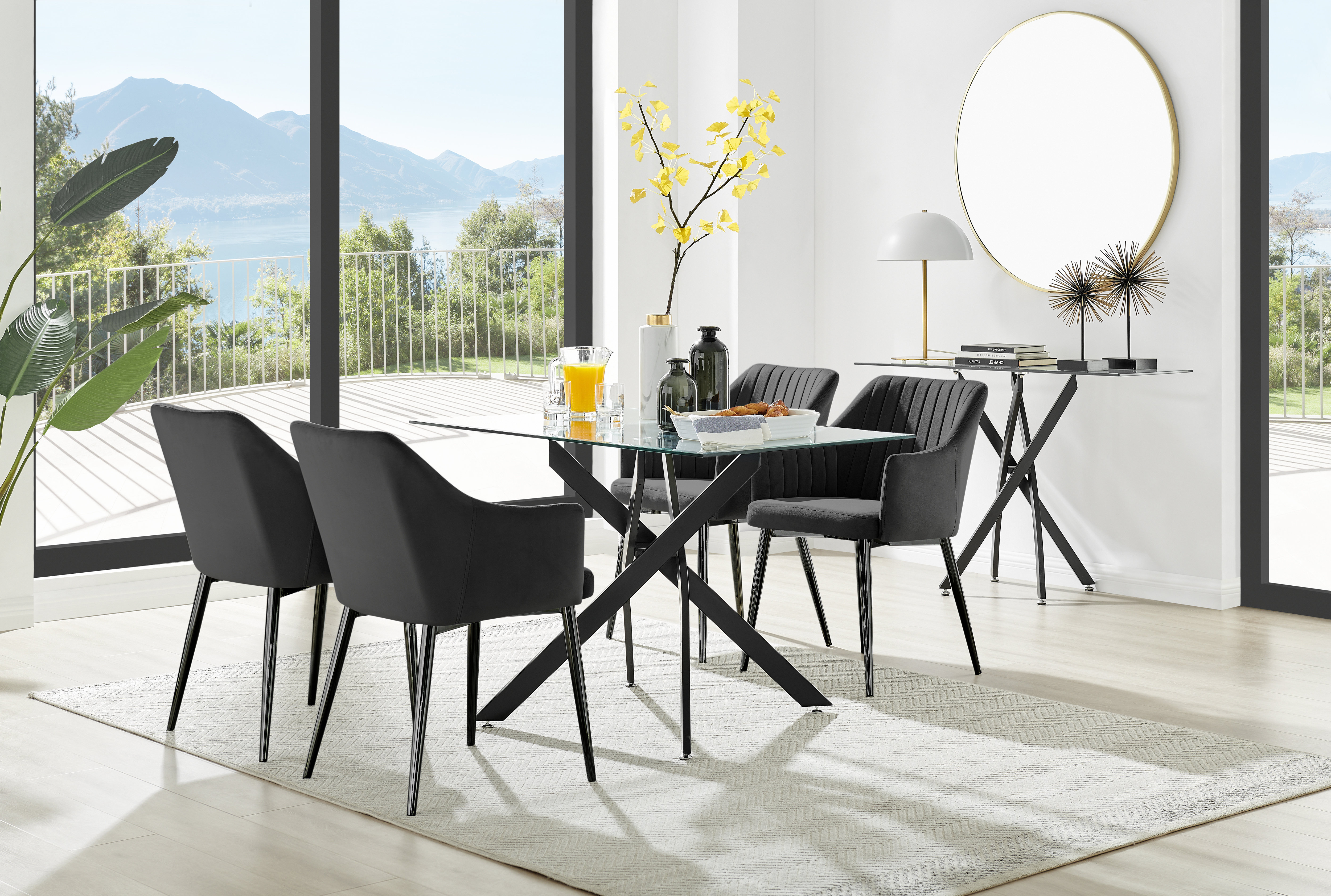 Furniture Box Lenworth Balck Metal and Glass Rectangular Dining Table Set with 4 Luxury Modern Velvet Chairs Reviews Wayfair