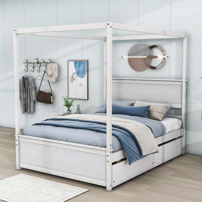 Lit à baldaquin double en bois avec lit gigogne Diletto, Blanc