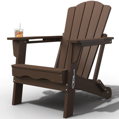 Brown All-Weather HDPE Folding Adirondack Chair with Cup Holder for Patio & Garden
