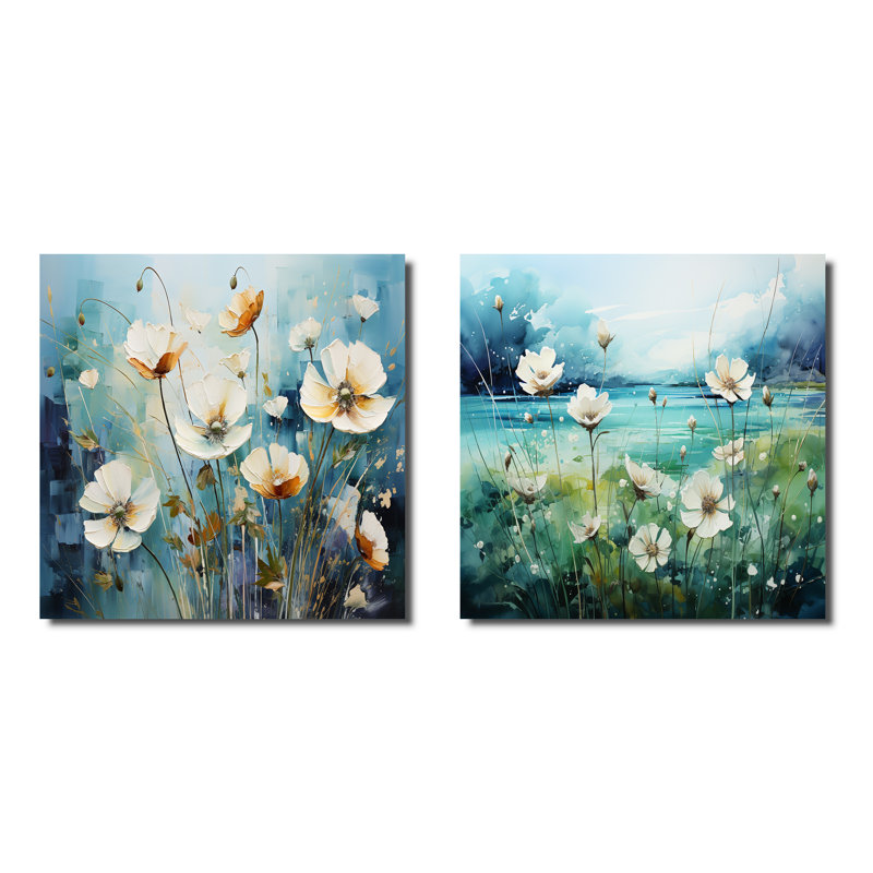 Misty Flower Meadows I - ensemble de 2 collages floraux carrés, Toile tendue, H 30 po x l 61 po
