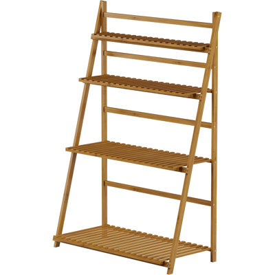 Échelle à 4 niveaux, support de rangement pliable en bambou pour l'intérieur et l'extérieur, organisateur de présentation autoportant pour plantes, chaussures et décoration