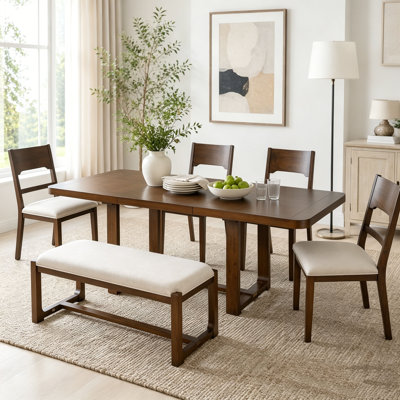 Ensemble de table de salle à manger en bois massif 6 pièces, ensemble de salle à manger rectangulaire extensible avec 4 chaises rembourrées et banc, table extensible de 60 à 84 po