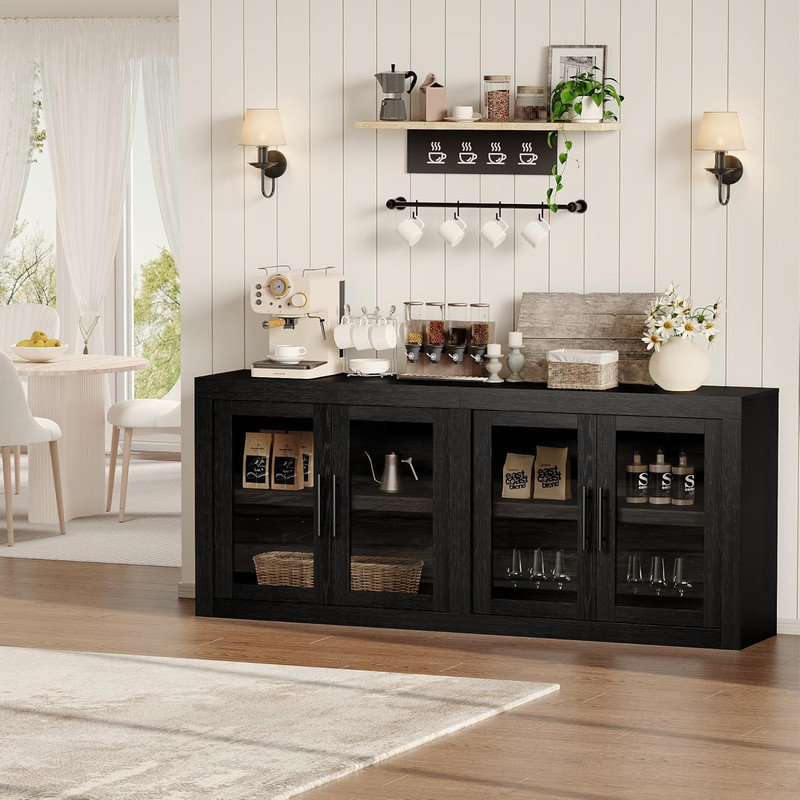 Buffet Mid-Century moderne avec 4 portes et console média en bois pour le salon, Noir