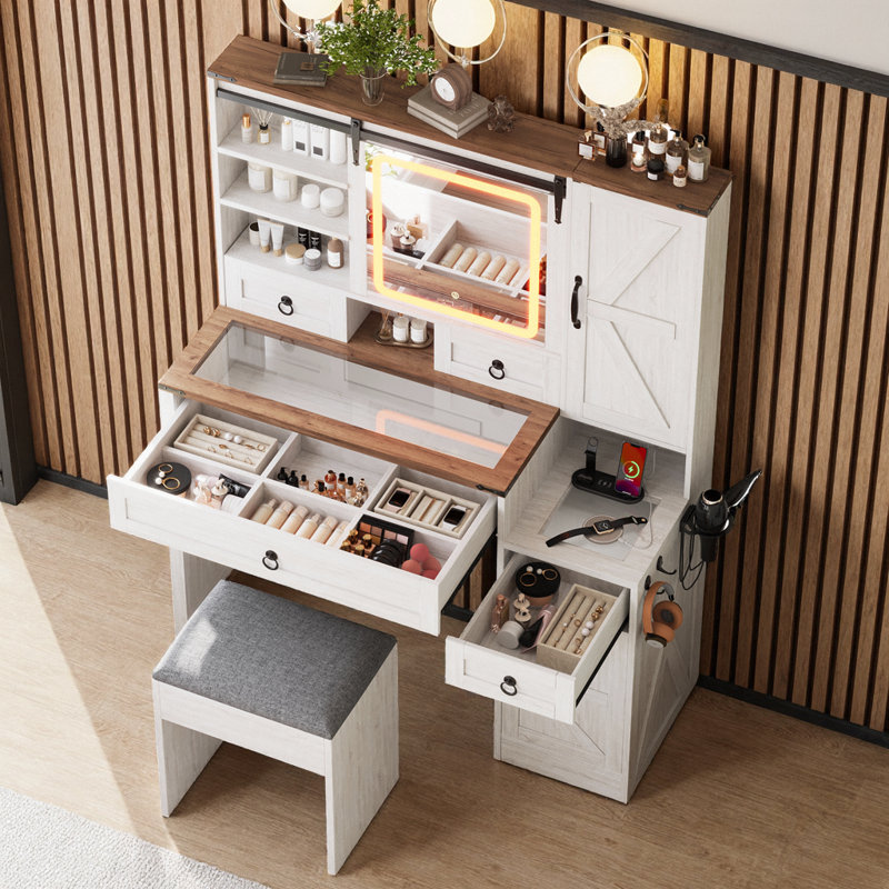 42" Farmhouse Vanity – Sliding LED Mirror, Glass-Top Display, 4 Drawers + 2 Cabinets, Built-In Charging Station, Side Hooks & Cup Holder