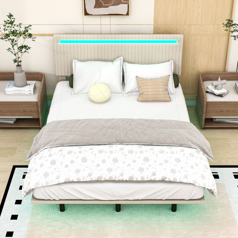 Floating Bed Frame with Adjustable LED Lights, Full, Beige