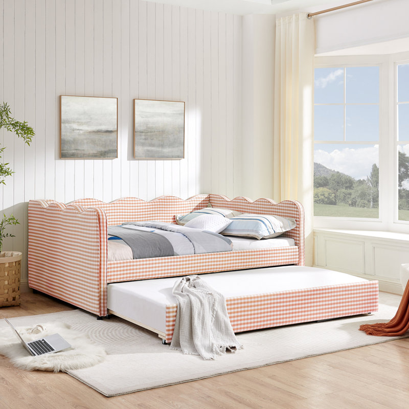 Full Size Cozy Gingham Daybed with Twin Size Trundle No Box Spring Needed, with USB Port and Adorable Wave Shaped, Linen Fabric