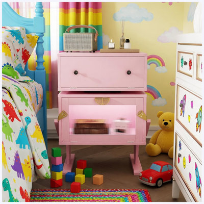 Table de chevet robot de 20,7 po de large à DEL rose avec tiroir rotatif à 360 °, table de chevet de chambre à coucher moderne, table de bout d'appoint avec éclairage DEL