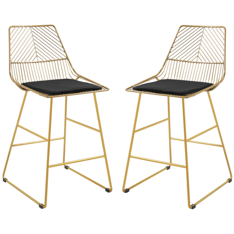 Set of 2 Bar Stools, Modern Counter Height Breakfast Bar Chairs with Wire Metal Frame for Kitchen, Dining Room, Gold