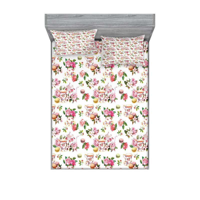 Microfiber Floral Sheet Set, Queen Sheet Set + Fitted Sheet + 2 Pillowcases, White/Pink/Green Floral