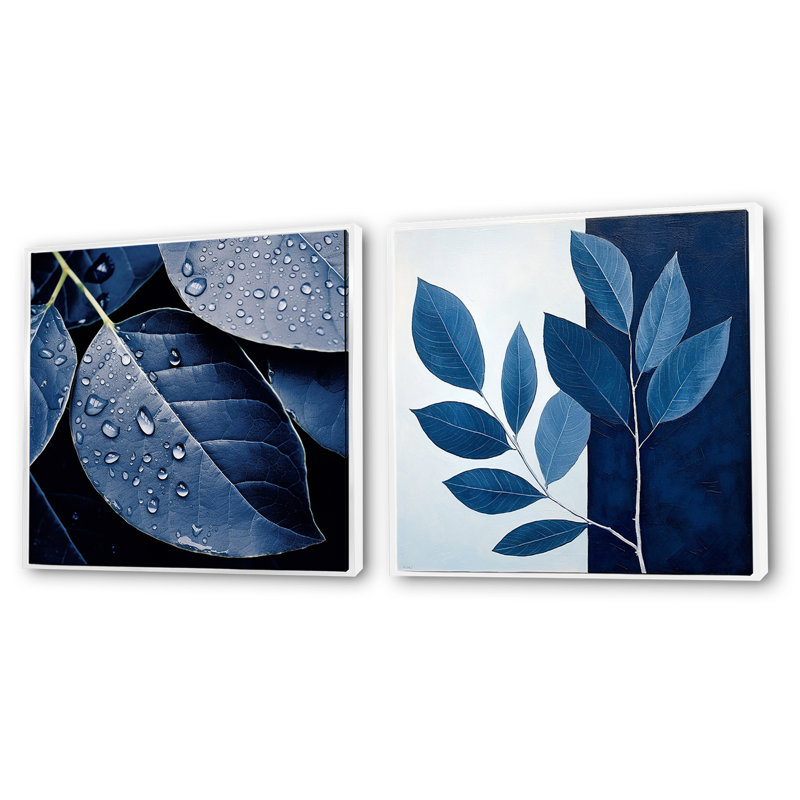 Blue Indigo Leaves Harmony - ensemble de 2 feuilles de collage carré, H 36 po x l 73 po, Cadre flottant blanc