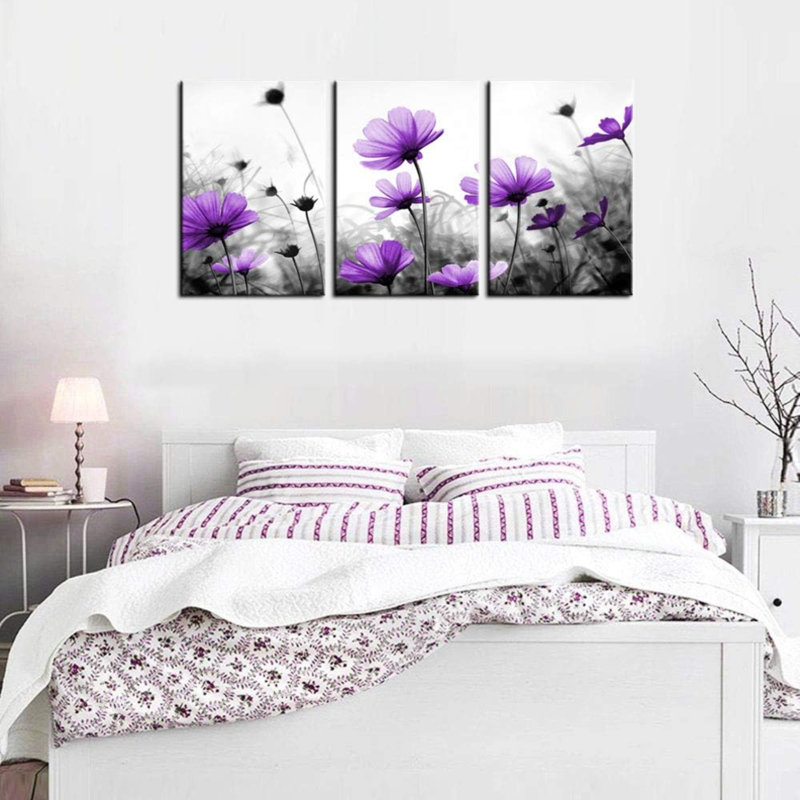 Fleurs, art mural sur toile, fleurs sauvages mauves, fond noir et blanc
