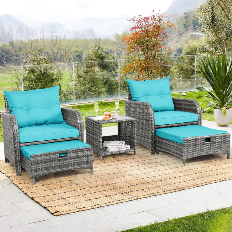 Constantino 2-Person Outdoor All-Weather Wicker Conversation Set with Ottomans and Tempered Glass Coffee Table